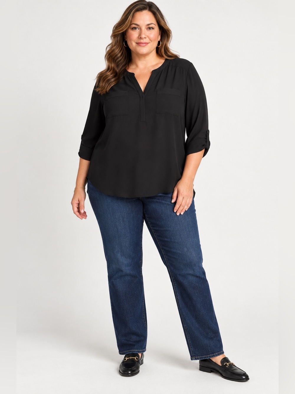 Torrid Harper Womens Black Flowy Roll Tab Sleeve Blouse Size 2 Office Casual